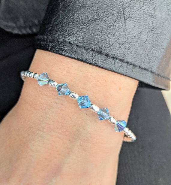 March Sterling Silver Aquamarine Bracelet 30th 40th 50th 60th
