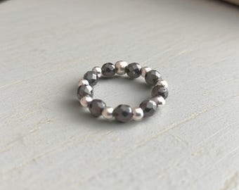 Sterling Silver & Hematite Beaded Stretch Stackable Ring