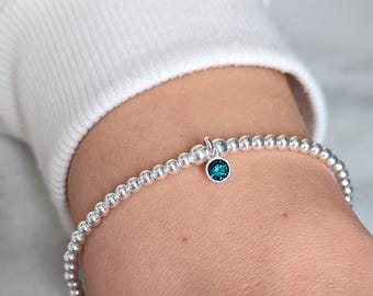 Sterling Silver May Birthstone Bracelet | Emerald Beaded Stretch Bracelet
