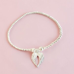 Silver Beaded Angel Wings Stretch Anklet or Bracelet – Dainty Spiritual Jewelry Gift for Her image 5