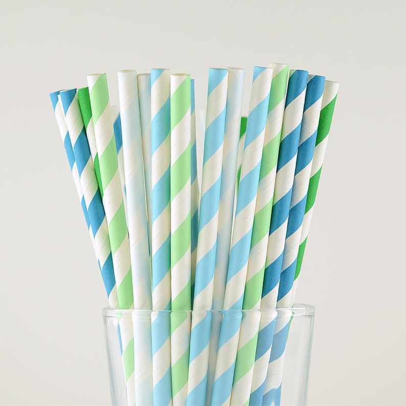 Party Favor MintBlueGreen Mix Paper Straws Striped Straws Party Decor Supply Cake Pop Sticks