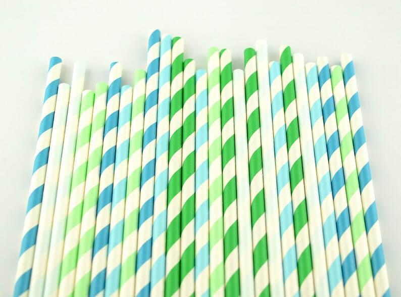 Party Favor MintBlueGreen Mix Paper Straws Striped Straws Party Decor Supply Cake Pop Sticks