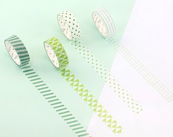 Set of 4 Rolls Green Striped/Dots/Triangle/Checkered Washi Tape - 15mm x 7m - Gift Wrapping - Decorative Tape - Scrapbooking Sticker