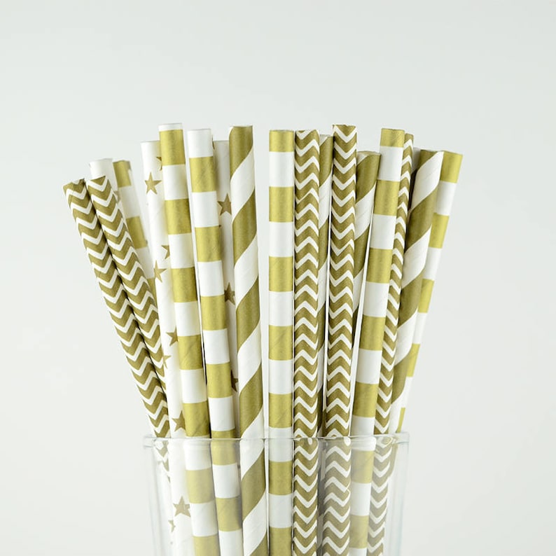 Party Decor Supply Gold Paper Straws Stars Circle Striped Chevron Party Favor Cake Pop Sticks