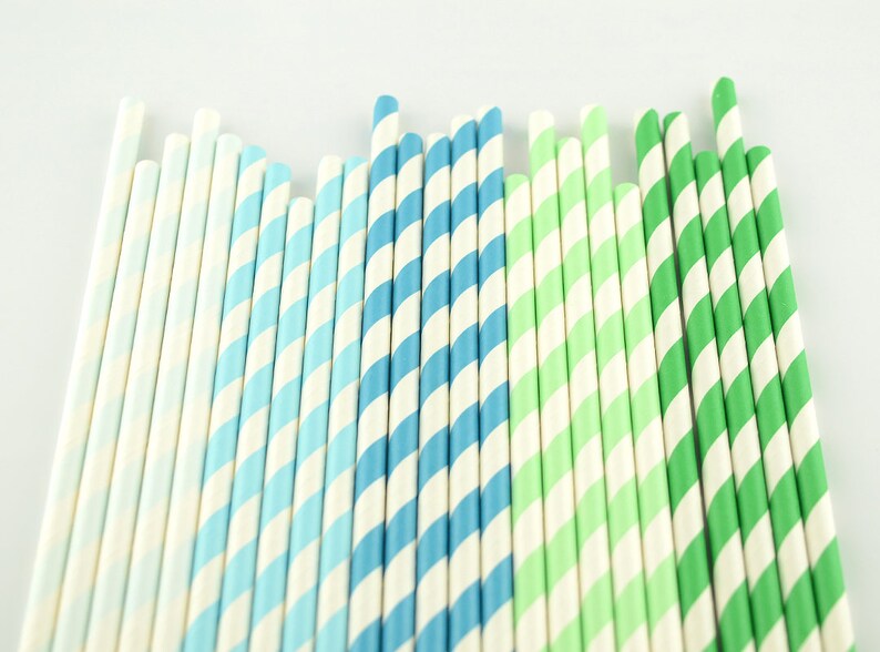 Party Favor MintBlueGreen Mix Paper Straws Striped Straws Party Decor Supply Cake Pop Sticks