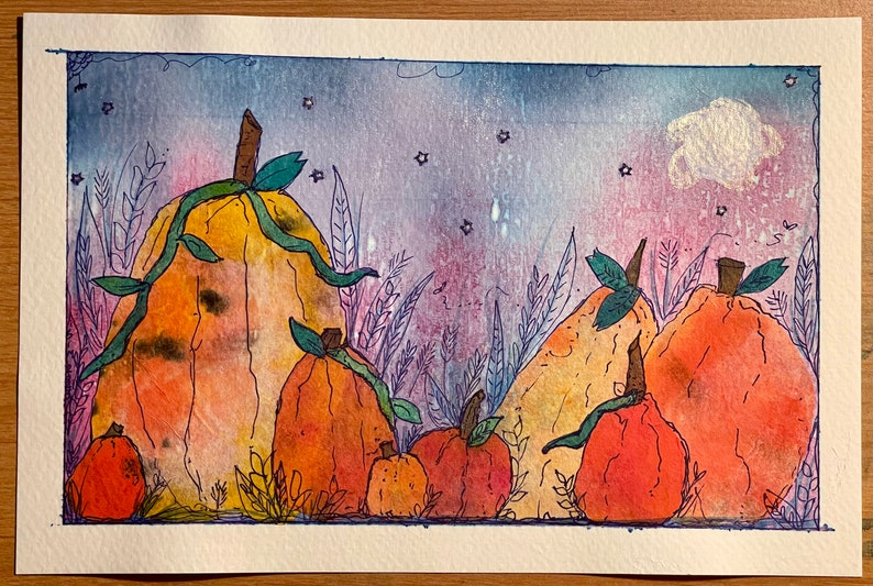 Recycled Paper Pumpkin Patch: Original Watercolor Collage (6x9") bild 3
