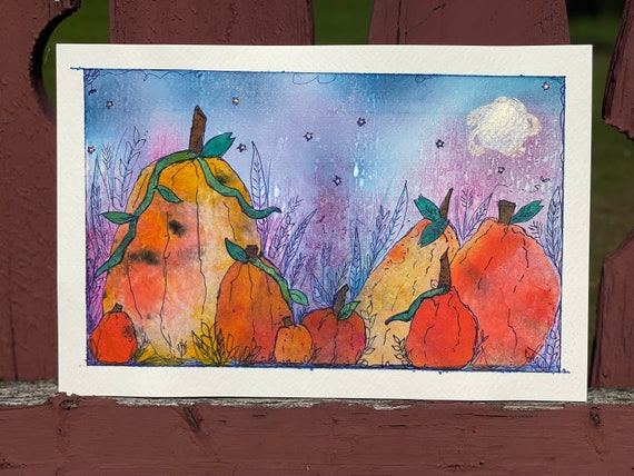 Recycled Paper Pumpkin Patch: Original Watercolor Collage (6x9")