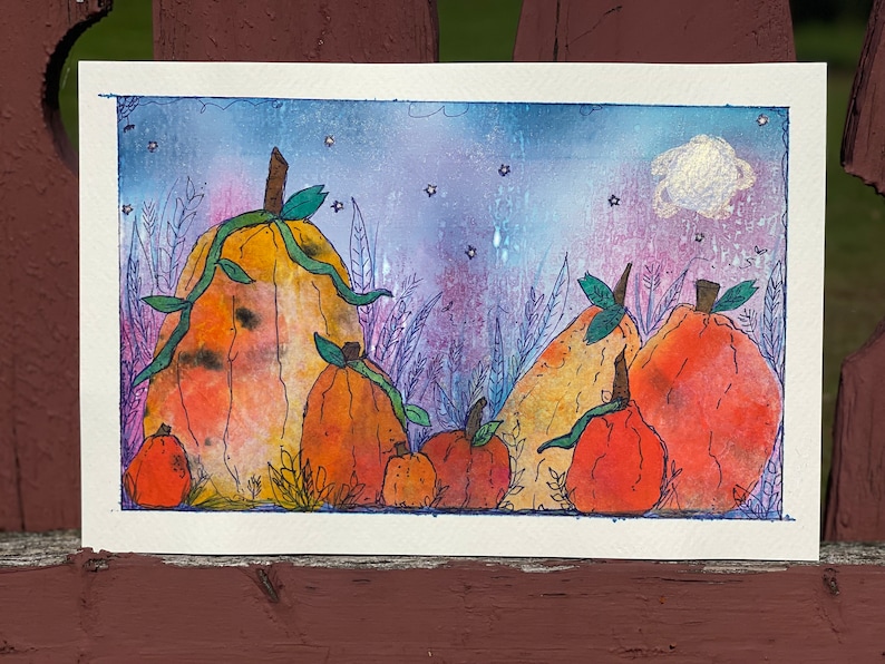 Recycled Paper Pumpkin Patch: Original Watercolor Collage (6x9") bild 1