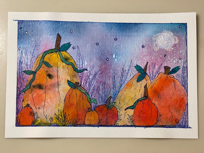 Recycled Paper Pumpkin Patch: Original Watercolor Collage (6x9") bild 4