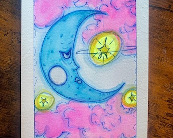 Original Whimsical Watercolor Celestial Moon Painting 6x9