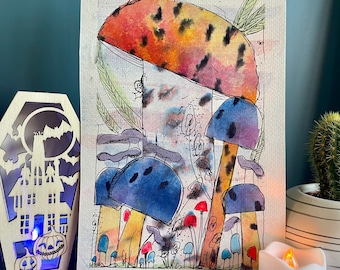 Whimsical Mushroom Watercolor Painting, Original Paper Collage  5.5 x 8.5