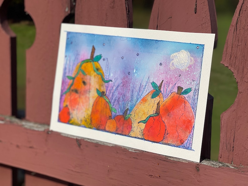 Recycled Paper Pumpkin Patch: Original Watercolor Collage (6x9") bild 2