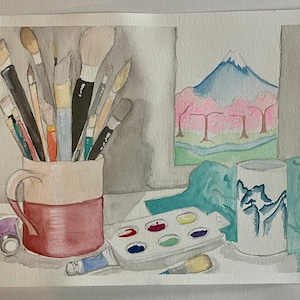 Still Life Art Supplies Original Watercolor Painting Fine Art Illustration Home Decor