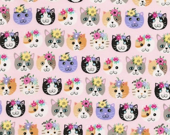 Timeless Treasures Fabric Petal Purrfect Cats Pink HALF METRE