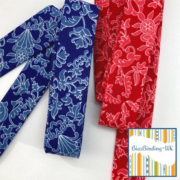 Damask Read Blue Cotton Available in Various Widths and Folds Handmade Bias Binding