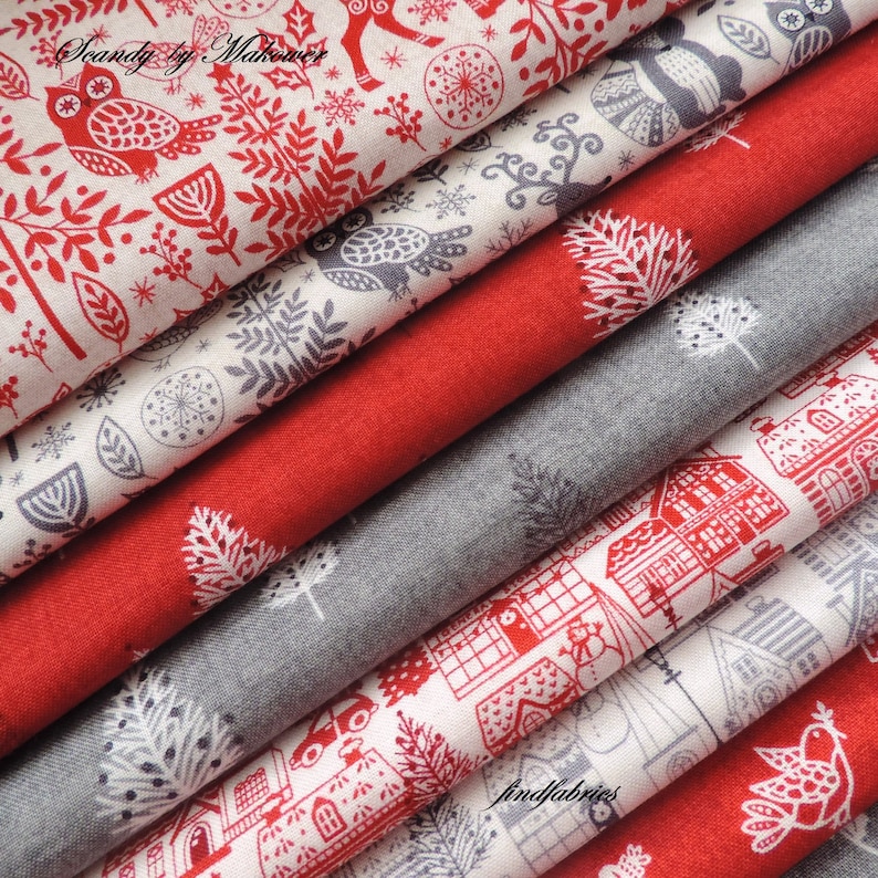 Makower Fabric 100/% Cotton Red Triple Stripe Scandi Christmas 2017