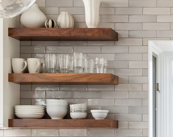 Walnut Floating Shelves - Custom Length, Depth, and Finish Color with Hidden Bracket. Floating Shelf Hardware Included