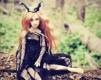 artist doll, ooak bjd doll, witch doll, doll in black, doll with horns, polyurethane doll handmade, Halloween doll