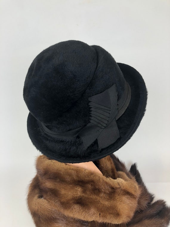 1920's Beautiful Black Brushed Felt Cloche Hat Wi… - image 3