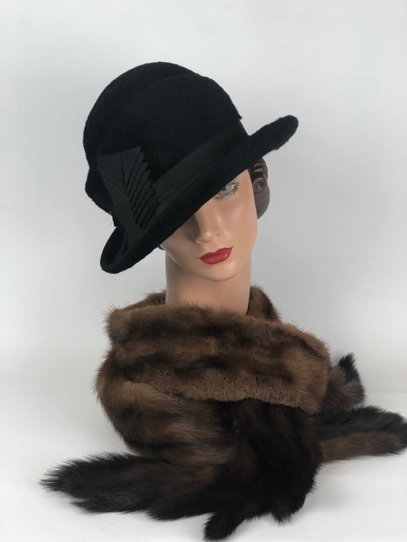 1920's Beautiful Black Brushed Felt Cloche Hat Wi… - image 1