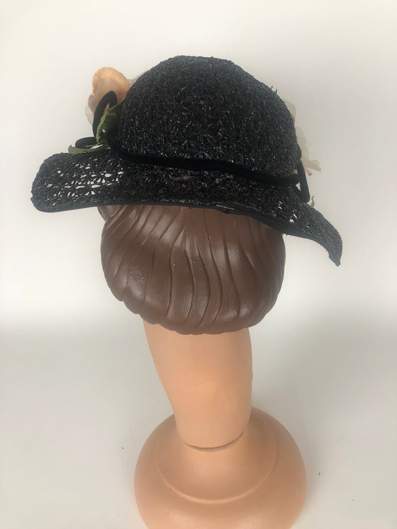 Beautiful 1930s Black Woven Straw Summer Hat With… - image 3