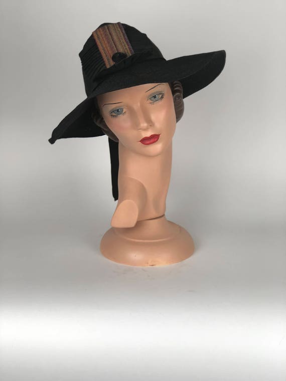 1940s black wide brim hat with grosgrain ribbon de