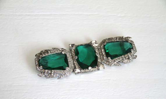 1930s Rhinestone and emerald  belt buckle - image 1