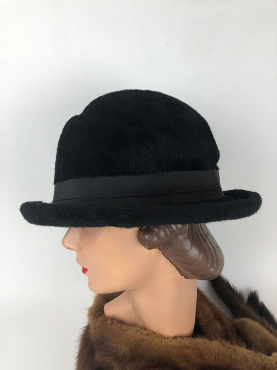 1920's Beautiful Black Brushed Felt Cloche Hat Wi… - image 5