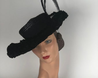 Stunning 1940s Black Straw Hat with Feathers and Stiff Pleaded Netting.