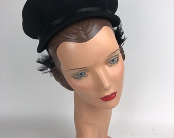 1940s Black Felt Hat With Black Feathers In The Back