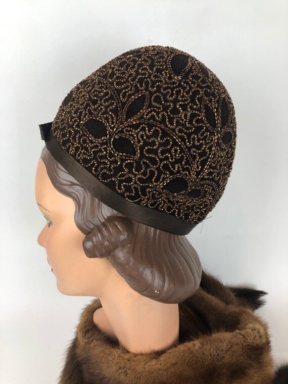 Late 50s early 60s Brown Beaded Felt Hat. Gem