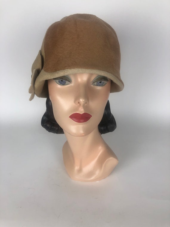 1960s Two Tone Beige Brushed Felt Cloche By Adolfo