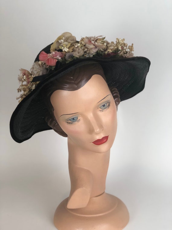 Lovely 1930s "Miss May" Black Straw Flowered Hat