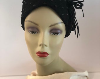 1950s Black Felt Beaded Hat Made By Patty Elise, New York and Paris