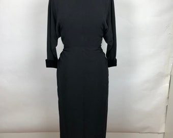 1940s Black Crepe Raglan Sleeve Belted Dress with Velvet Beaded Collar and Cuffs