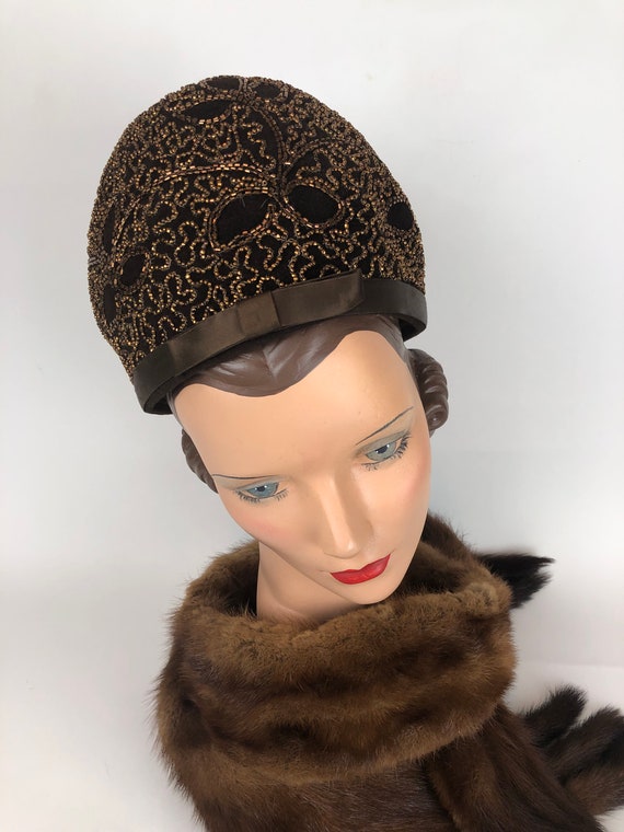 Late 50s early 60s Brown Beaded Felt Hat. Gem