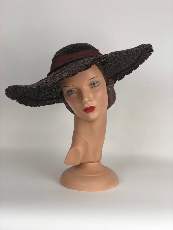 Vintage 1940s Chocolate Brown Straw Hat