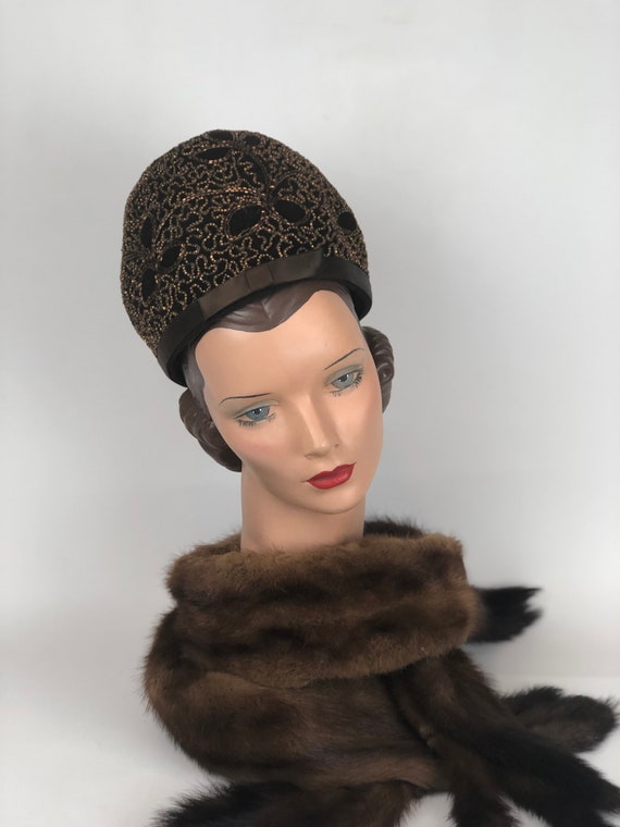 Late 50s early 60s Brown Beaded Felt Hat.