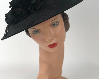 1950s Gene Doris New York Wide Brim Black Straw Hat with Black Flowers