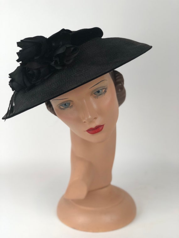 1950s Gene Doris New York Wide Brim Black Straw H… - image 1