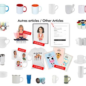 May include: A collection of customizable products including mugs, t-shirts, posters, and a logo design. The image also shows a portrait design and a mockup of a product order page.