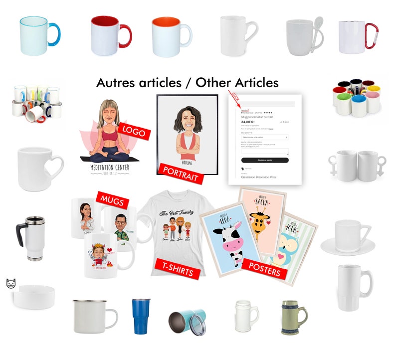 May include: A collection of customizable products including mugs, t-shirts, posters, and a logo design. The image also shows a portrait design and a mockup of a product order page.