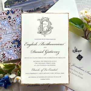 Wedding Invitation Sample Set Gold Foil Wedding Monogram Invitation Suite Fully Custom Destination Wedding Invitation Set Watercolor Spain
