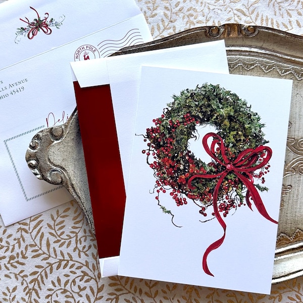 Aquarel kerstkaart in doos set van 10 opties voor vakantieberichten Custom personalisatieservice beschikbaar Wenskaart Collectie 2025