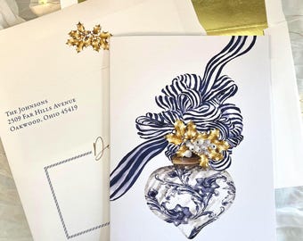Vintage Christmas Cards Boxed Set of 10 Blue White Chinoiserie Christmas Ornament Holiday Business Greeting Cards With Gold Lined Envelopes