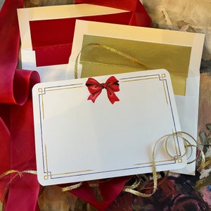 10 Boxed Christmas Stationery Cards with Red Bow, Custom Personalized Boxed Holiday Thank You Cards, Note Cards with Red Lined Envelopes