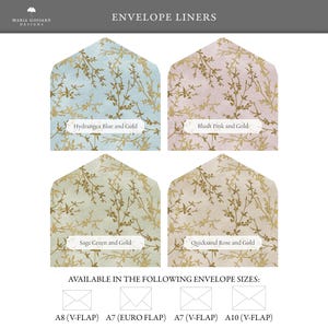 May include: Four envelope liners with floral designs in blue, pink, sage green, and rose gold. Each liner features gold branches and the text "Hydrangea Blue and Gold", "Blush Pink and Gold", "Sage Green and Gold", and "Quicksand Rose and Gold". Available in A8, A7, and A10 envelope sizes.