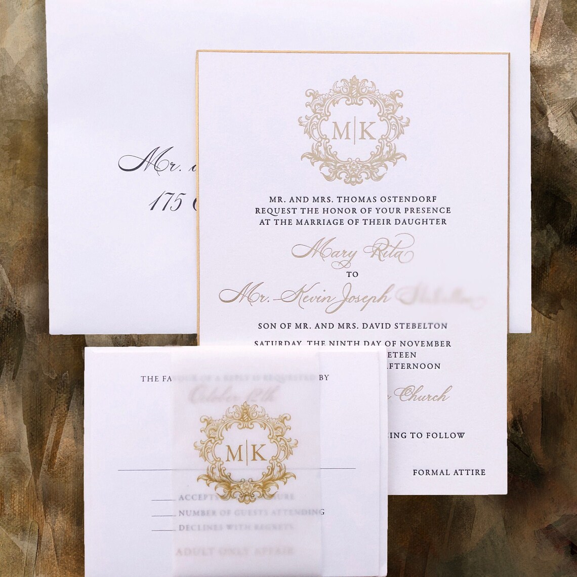 Gold Foil Letterpress Wedding Invitation Set With Hand Beveled Etsy