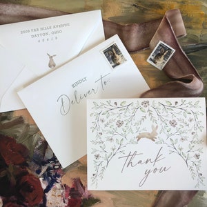 Baby Shower Woodland Greenery biglietti di ringraziamento, biglietti di ringraziamento personalizzati con acquerello botanico Boho Animal Bunny, confezione da 10, per maschietto o femminuccia