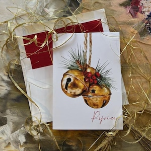Kerstkaart Set van 10 kerstkaarten in doos, custom personalisatie Vintage sleebel ornament kerstkaart Zakelijk Feestdagen